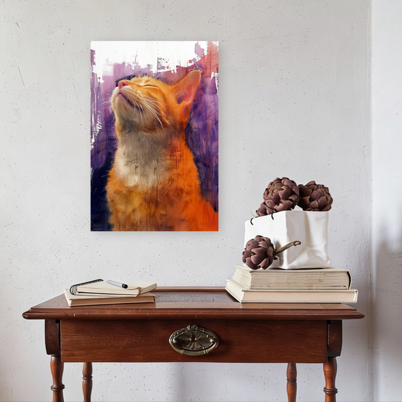 «Blissful Orange Cat», art abstrait coloré, chat rêveur, H 24 po x l 16 po