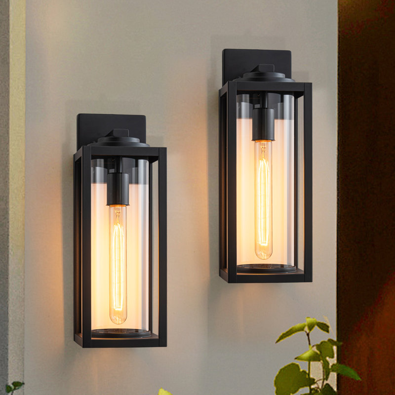 Matte Black Outdoor Wall Lantern with Cylinder Clear Glass Shade 