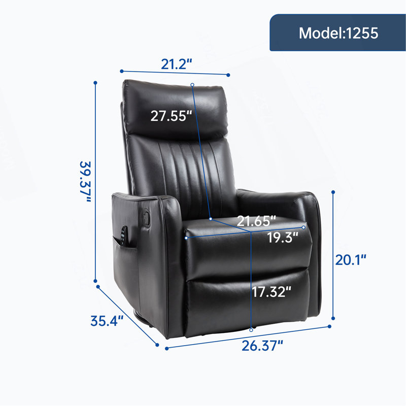 Fauteuil inclinable manuel en faux cuir avec massage à la chaleur et fauteuil pivotant pour le salon, Noir
