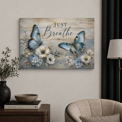 Just Breathe Butterfly Floral Quote Artwork, Rustic Bedroom Pictures, Framed Canvas Giclee Print Wall Art