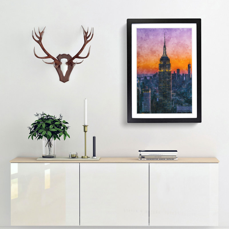 Empire State Building Sunset Framed Print, 33cm H x 24cm W x 2cm D, Black Framed