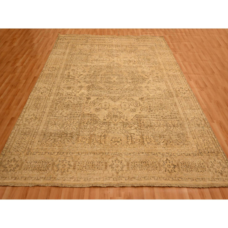 Tapis oriental 7 pi 9 po x 10 pi 3 po brun écru, motif mamelouk, ton sur ton, velours zéro, noué à la main, pure laine