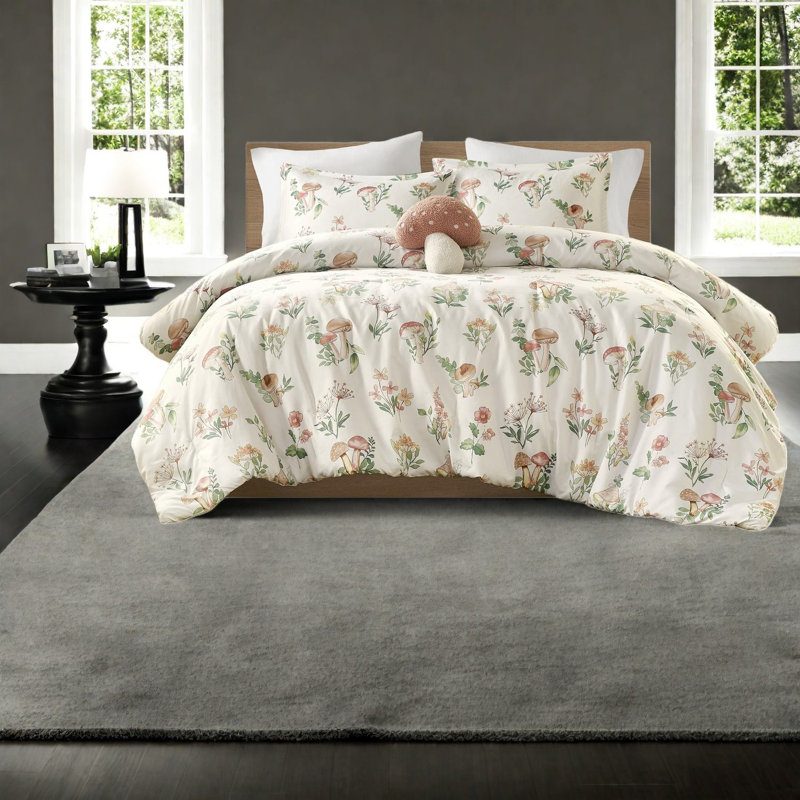 Whimsical Green Bedding Sets, Polyester Comforter With Mushroom And Floral Design, Perfect For Home Décor
