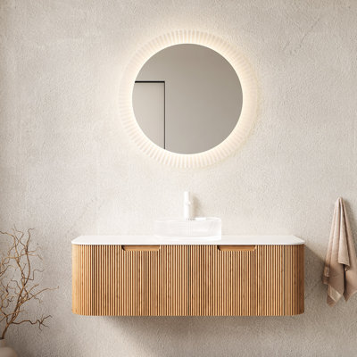 Meuble-lavabo suspendu de 122 cm (48 po) avec lavabo en verre cristal blanc, armoire de rangement, 2 tiroirs, préassemblé