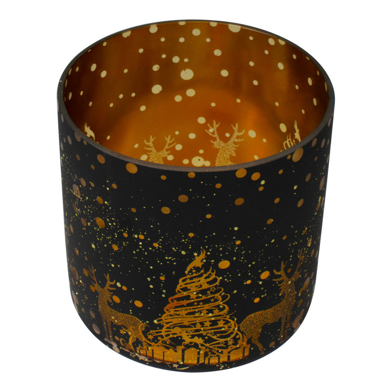 Porte-bougie en verre sans flamme 6 "cerfs et pins noir et or