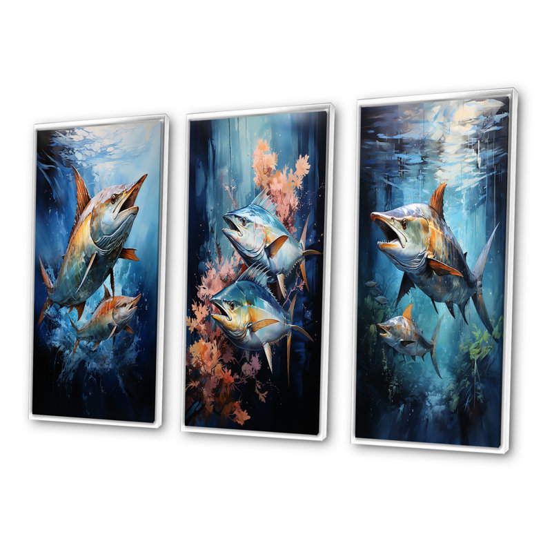 " Fishing Majestic Marlins Jumping " 3 - Pieces, 40" H x 60" W, White Framed