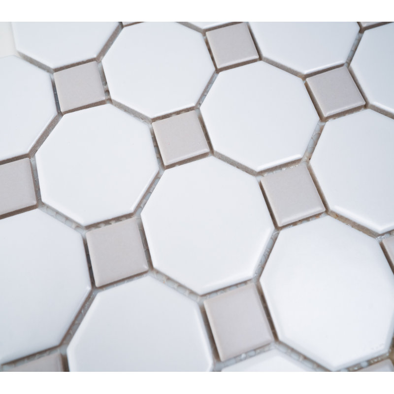Carrelage mosaïque en porcelaine carrée octogonale 12 x 12 po (boîte de 10 feuilles), Blanc / Gris