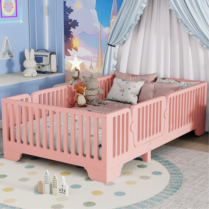 Lit simple au sol rose, porte pour le plaisir, support à 8 lattes égales, lit avec porte facilitant la conception, design, profil bas, aucun sommier requis