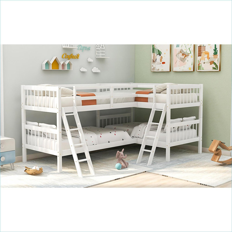 Lit simple superposé en forme de L en bois massif blanc classique pour 4 personnes, style Mission pour chambres familiales et soirées pyjama