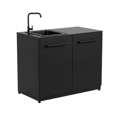 Module d'évier de cuisine d'extérieur avec plateau de table en HPL, évier intégré, tablette de rangement et pieds réglables Cozze Elements 110