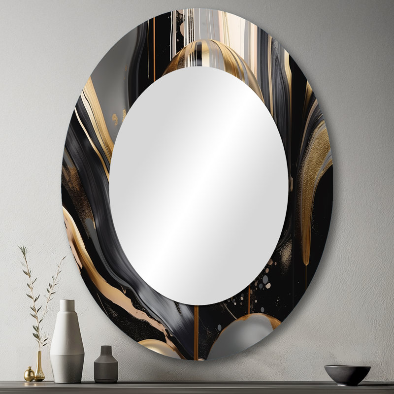 Miroir mural décoratif en marbre doré et noir Pablita III, 36 po x 24 po, Ovale