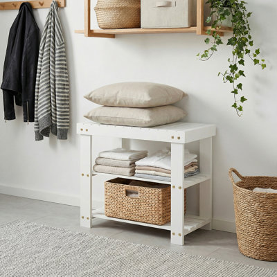 Étagère à chaussures robuste pour vestibule - Organisateur de couloir multifonctionnel avec rangement et sièges - Mobilier moderne en bois - Blanc