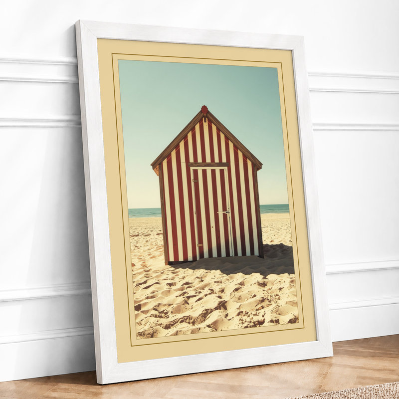 Striped Beach Hut Coastal - Framed Print, A3 - 42.0 x 29.7 cm, White