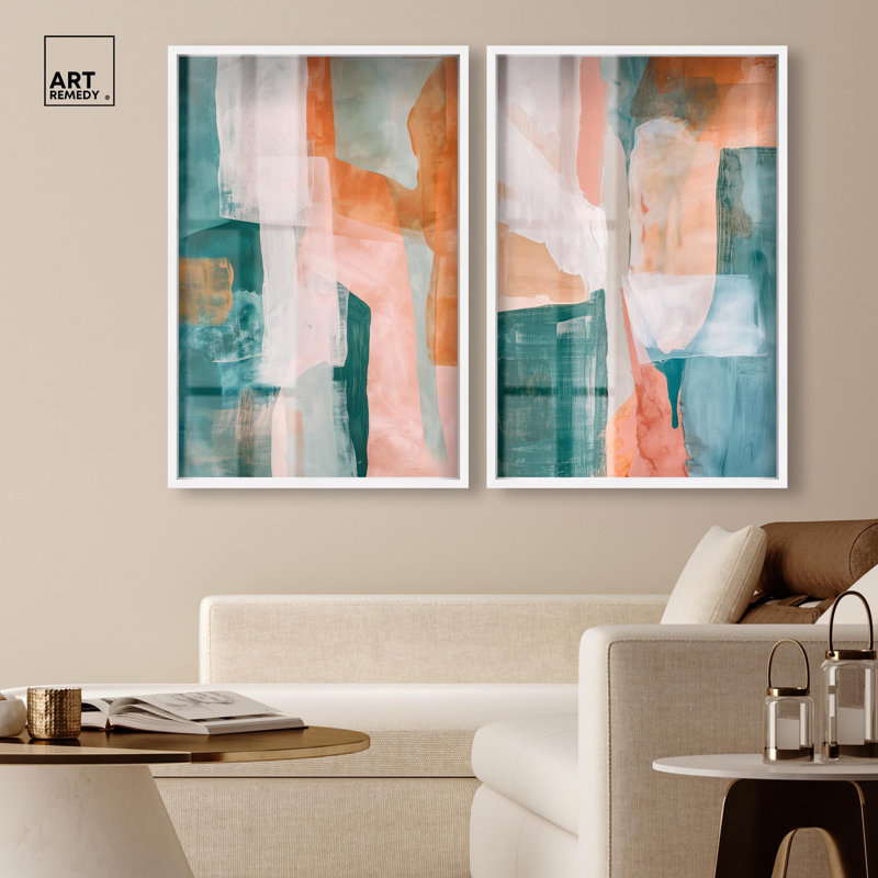 «Citrus Wave Duet Shadowbox», ensemble d'art mural abstrait par Art Remedy, cadre blanc, 24 x 36, H 37 po x l 25 po