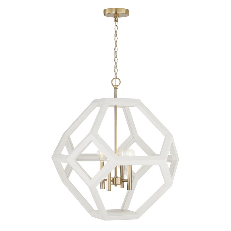 24" W x 28" H 4-Light Geometric Orb Pendant in Matte Brass with Handcrafted Mango Wood Hand-painted Flat White