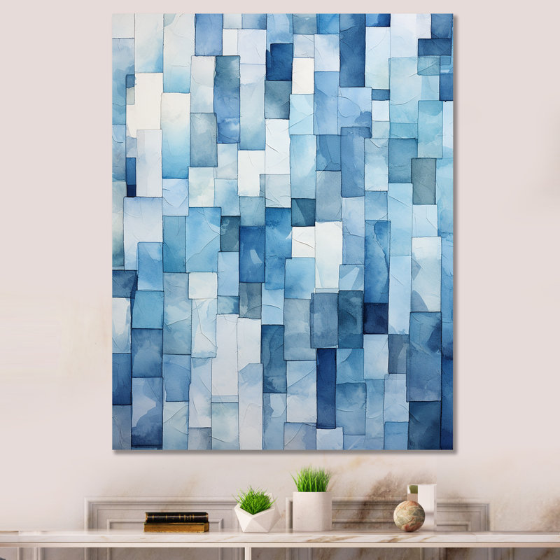 Carreaux scandinaves blancs et bleus VI - art mural abstrait, Toile tendue, H 32 po x l 16 po x P 1 po