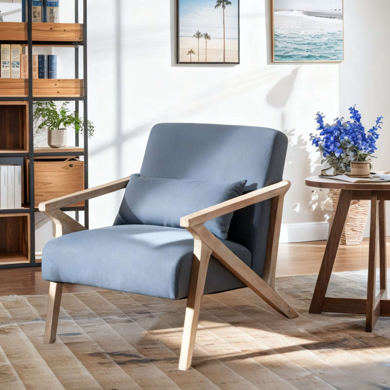 Fauteuil d'appoint rembourré en lin de 26,8 po de largeur avec pieds en bois et un coussin Salma, Bleu
