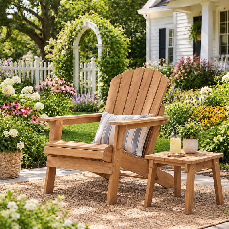 Chaise Adirondack classique de style côtier en bois de pruche massif avec cadre pliable, Six lattes, Marron clair