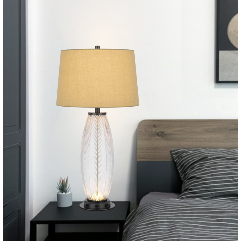 Lampe de table 32 po Leno, base en verre transparent à motif de feuilles, abat-jour beige