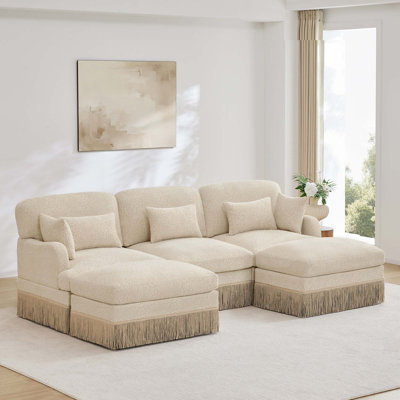 Chenille Leopard Print U-Shaped Sofa with Tassel Trim and Easy Assembly