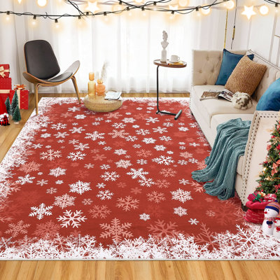 Snowflake Christmas Rug Non-Slip Non-Shedding Winter Holiday Living Room Carpet, Washable Low Pile Floor Rug, Decorative Indoor Mats for Bedroom, Kitchen, Nursery