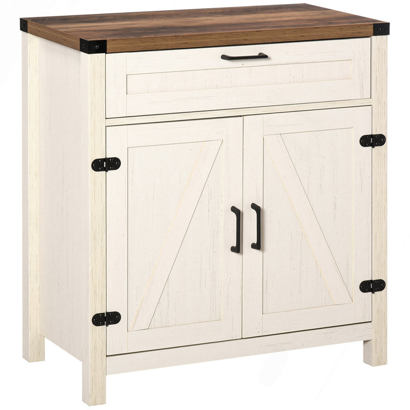 Buffet, armoire de cuisine rustique à 2 portes de grange, armoire d'appoint avec rangement, Blanc