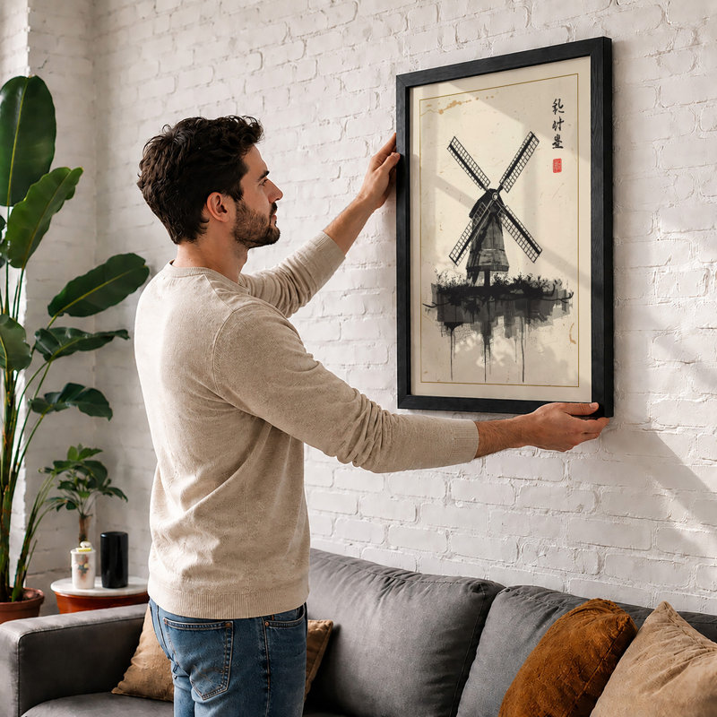 Windmill in Ink Japandi - Framed Print, Black, A3 - 42.0 x 29.7 cm