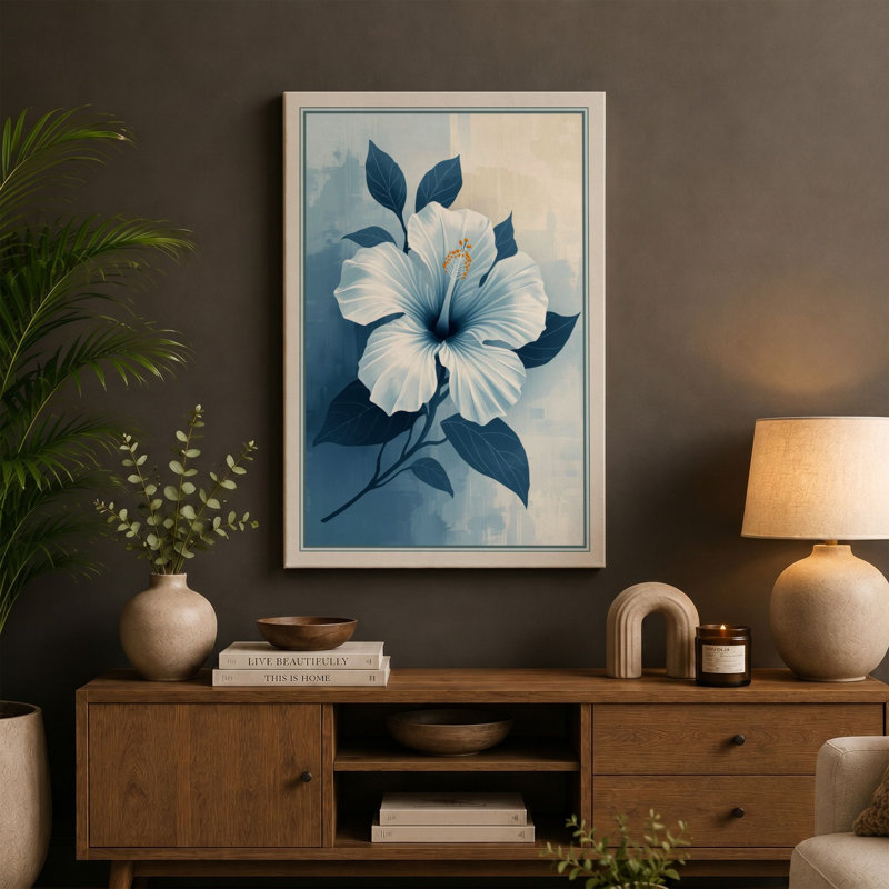 White Hibiscus in Bloom Botanical - Wrapped Canvas, 36x24 - 91.4 x 61.0 cm, Teal Border