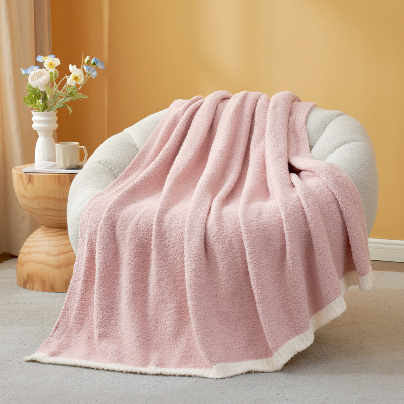 Reversible Essential Knit Throw Blanket Soft Feather Yarn Blankets Solid Color, 80" L x 60" W, Pink