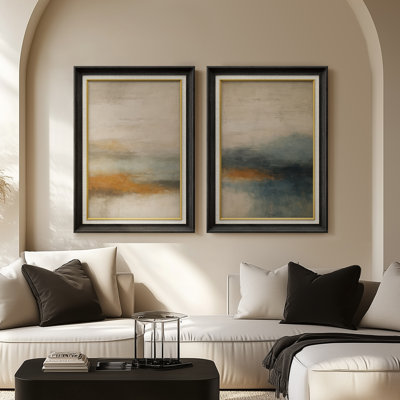 «Coastal Mist Horizon», bleu doux et sable - ensemble de 2 reproductions d'art encadrées de qualité supérieure sur papier 26 po x 36 po