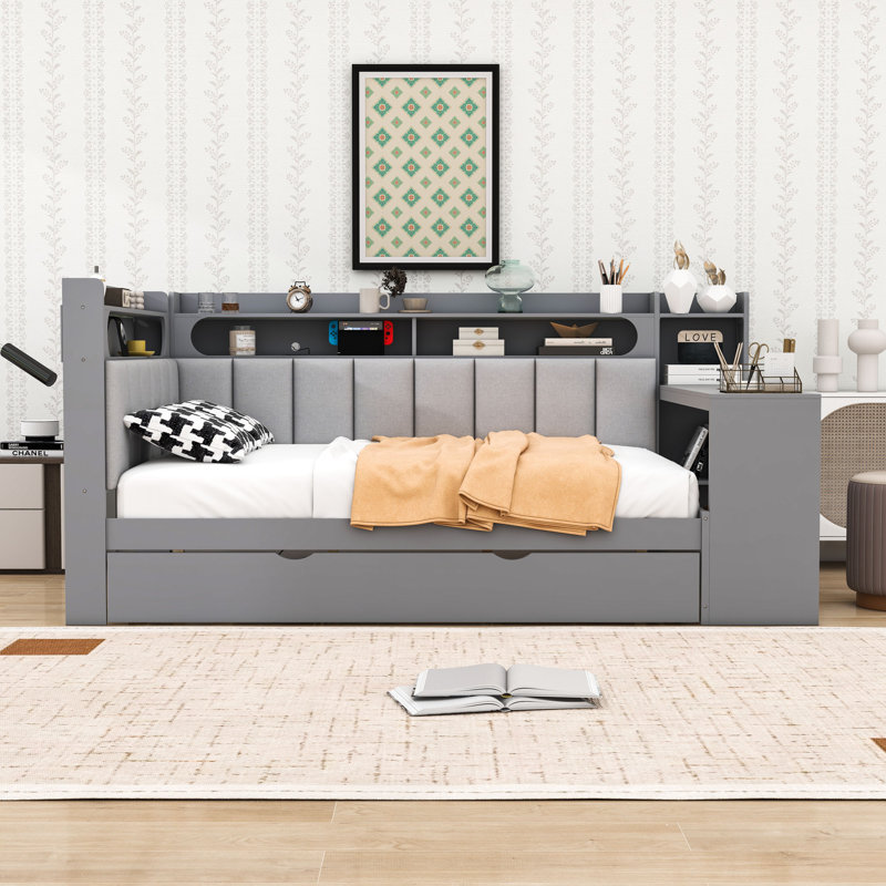 Full Wood Daybed with Trundle and Built-In Desk and Storage Shelves, Gray
