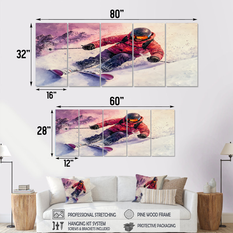 «Orange Ski Slopestyle Men Accents With Pink», ensemble d'art sur toile de ski, H 28 po x l 60 po