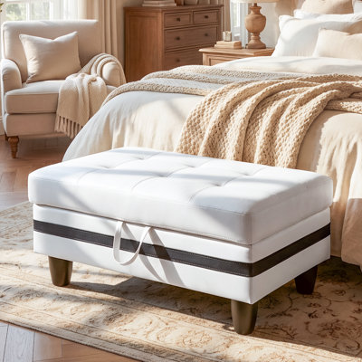 Rectangular Storage Ottoman Bench With Hinged Lid, Faux Leather Footrest For Living Room, Bedroom, Entryway, White With Black Strip, 35"X23.5"X17.5"