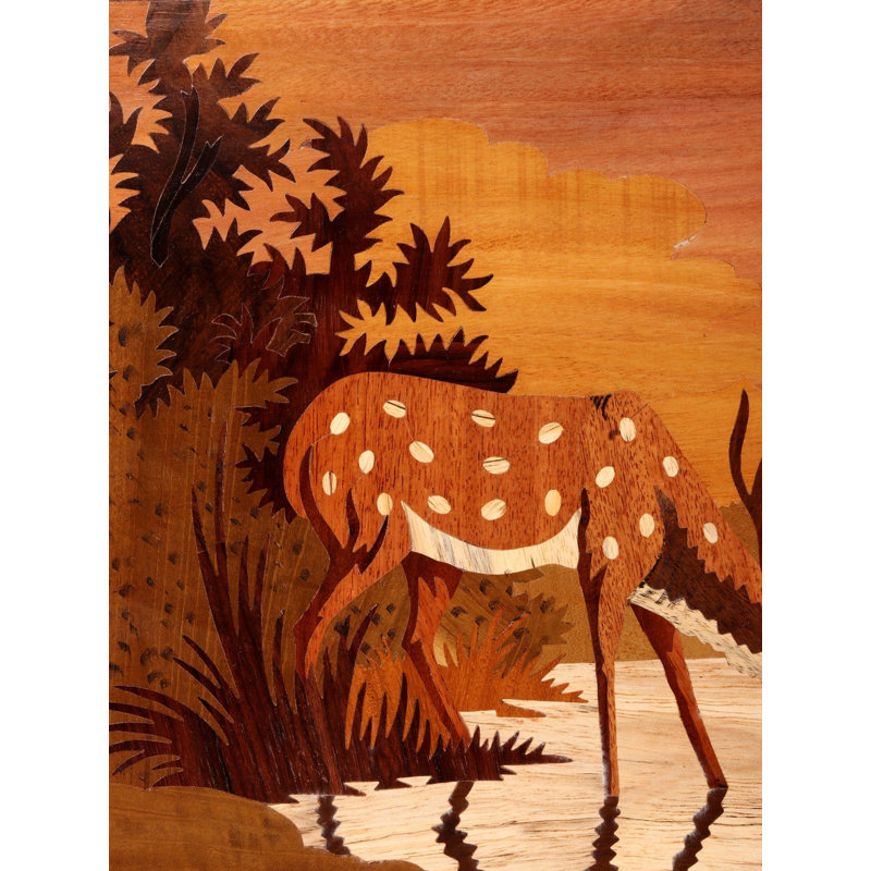 Hand-Carved Reindeer at Lake 3D Wood Inlay Wall Art, 28-Inch for Rustic and Lodge Decor