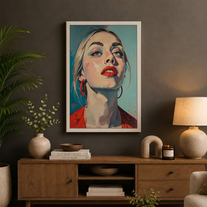 Woman in Red Modern - Wrapped Canvas, 36x24 - 91.4 x 61.0 cm, Teal Border