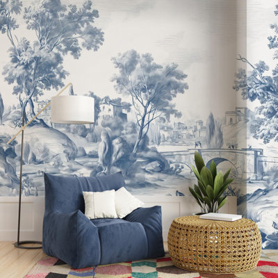 Blue Toile de Jouy Landscape Wall Mural | French Country Scenic Wallpaper | Non-Woven or Peel and Stick