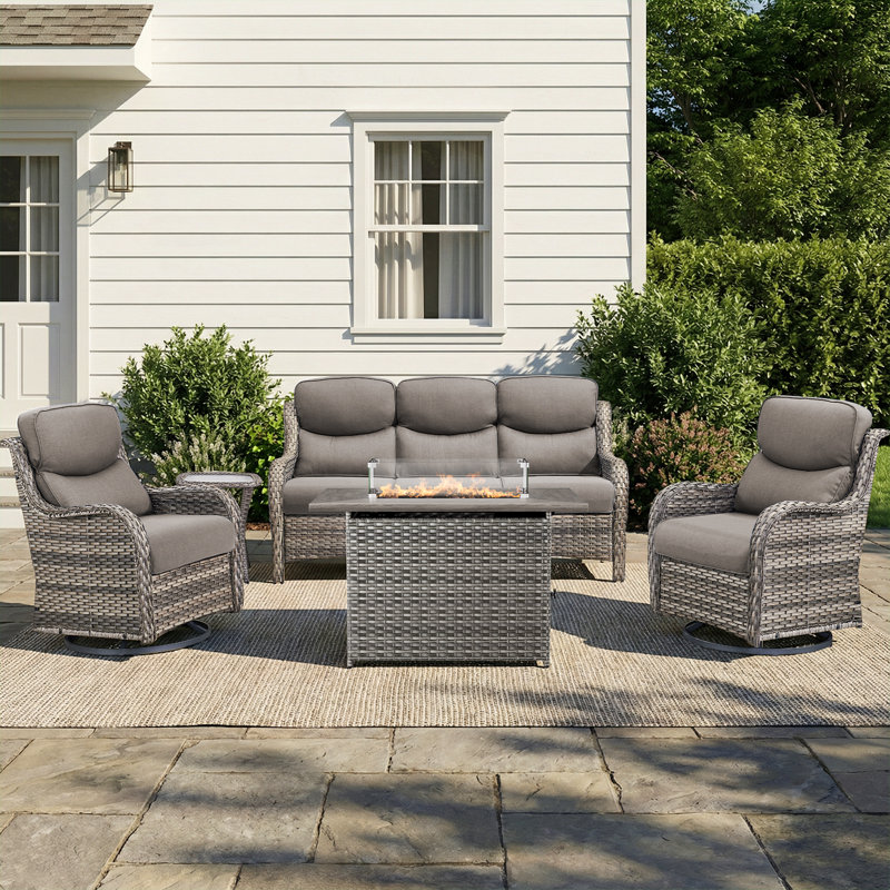 Ensemble de conversation d'extérieur en osier 5 pièces Simino, 5 pièces: canapé, 2 chaises, table de bout, foye, Gris, Gris