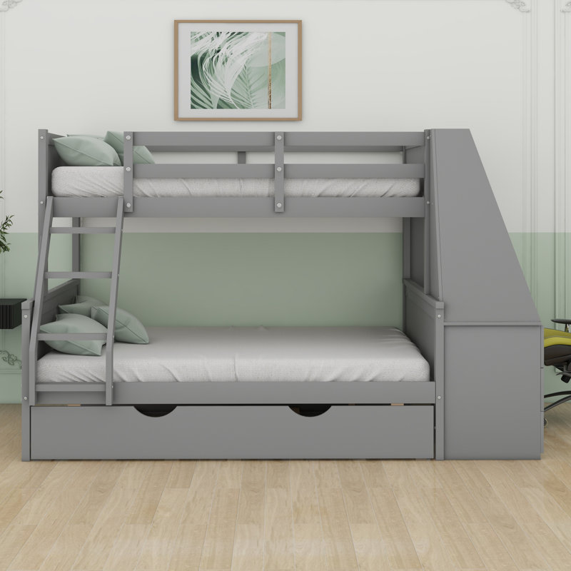 Lit superposé avec lit gigogne et bureau, tiroirs de rangement et tablette, Gris