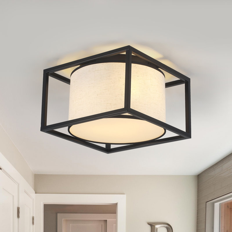 Plafonnier semi-encastré, abat-jour tambour en tissu 3 lumières avec structure en métal noir, luminaires de vestibule, plafonnier près de la chambre à coucher, salon, cuisine, couloir