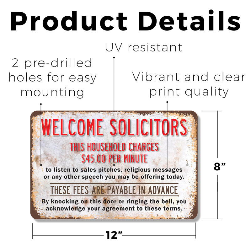 «Welcome Solicitors Home Charges» 45 $ par minute, enseigne en plastique de 8 po x 12 po