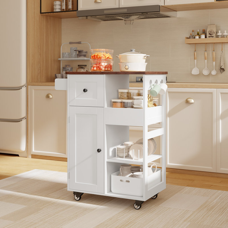 23.6" Rolling Kitchen Cart with Wood Top, Storage Cabinet, Drawer and Open Shelves, Brown/White