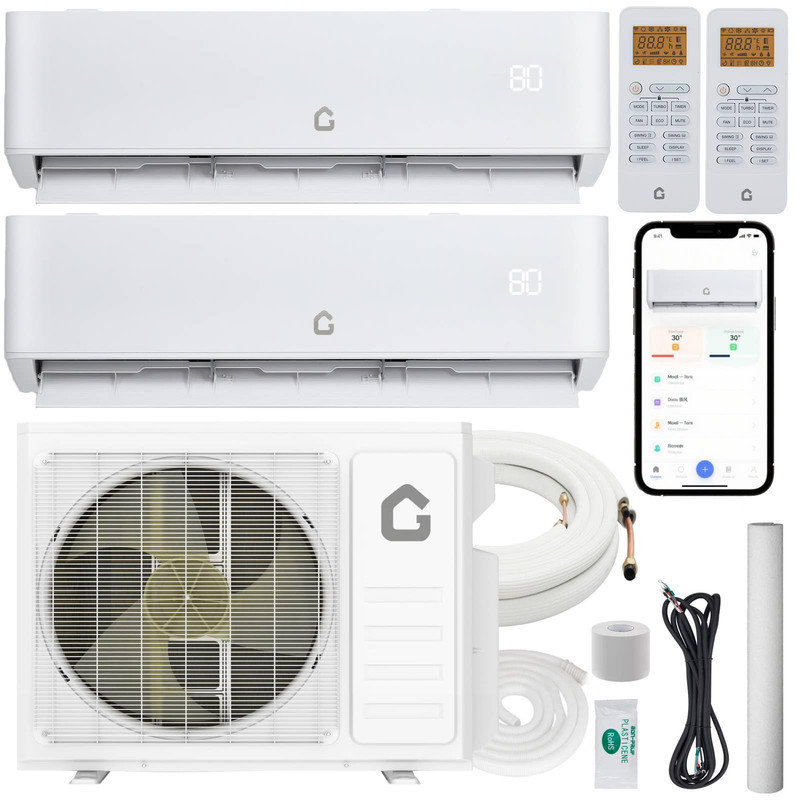 Mini système de climatisation AC à deux zones 28 000 BTU - 20 unités intérieures SEER2, 230 V, 9 000 + 18 000 BTU, condensateur préchargé et ensemble de lignes de cuivre inclus