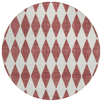 8' Round Burgundy Round Geometric Washable Non Skid Indoor Outdoor Area Rug