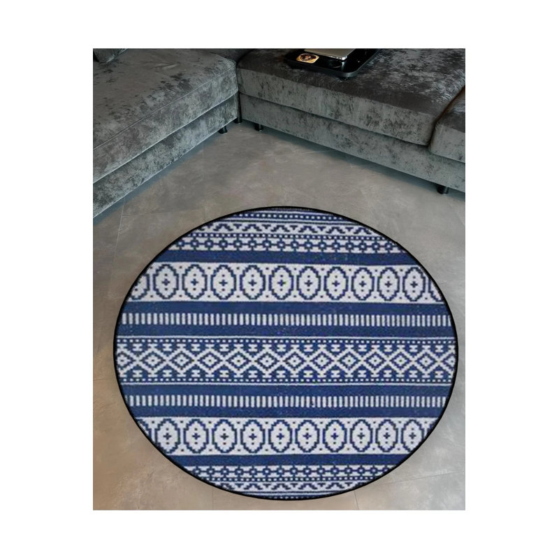 Blue Themed Ethnic Motif Patterned Round Woven Base Vintage Decorative Carpet, Round 5'