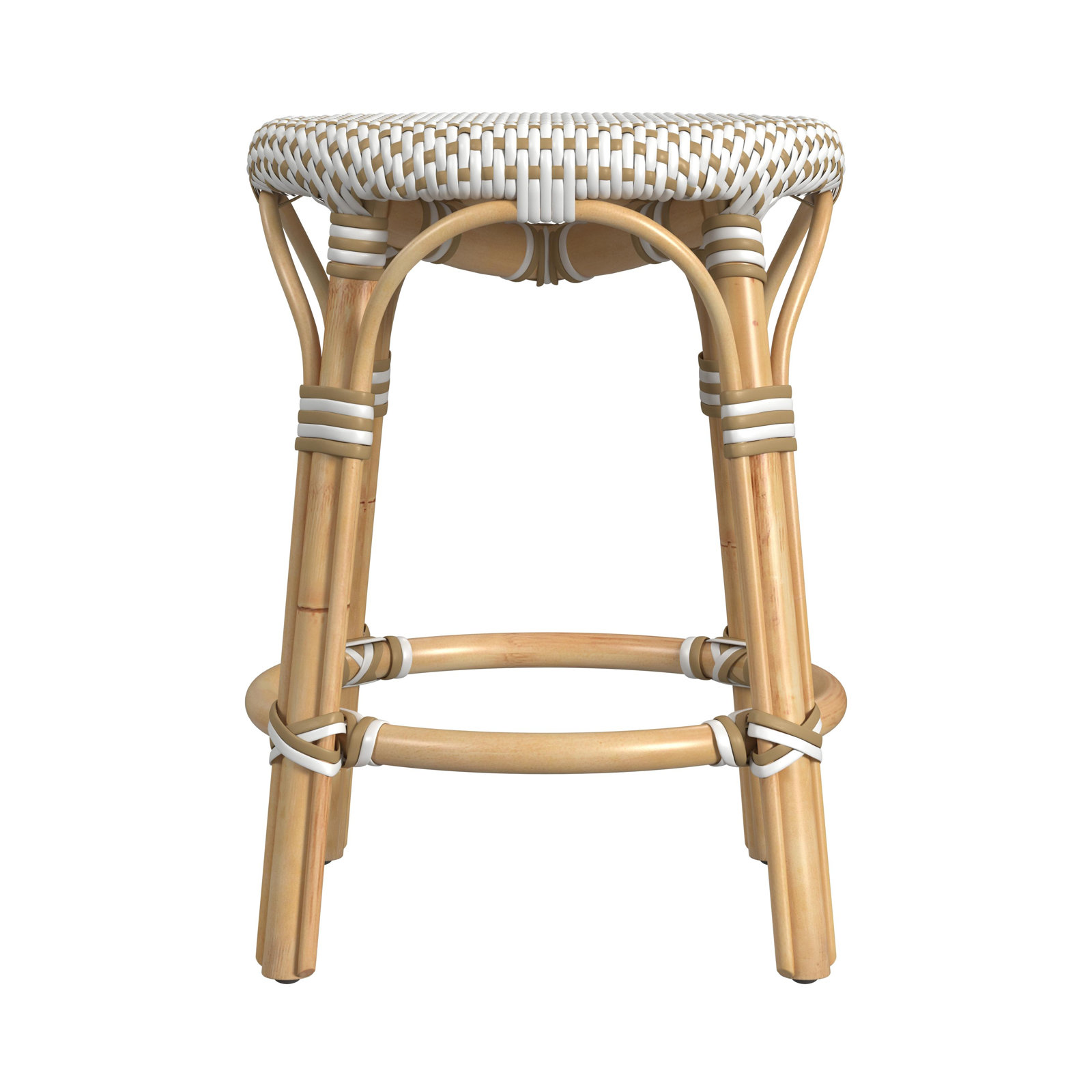 Alastair 18" Bar Stool, White/Tan Dot/Natural Rattan Frame