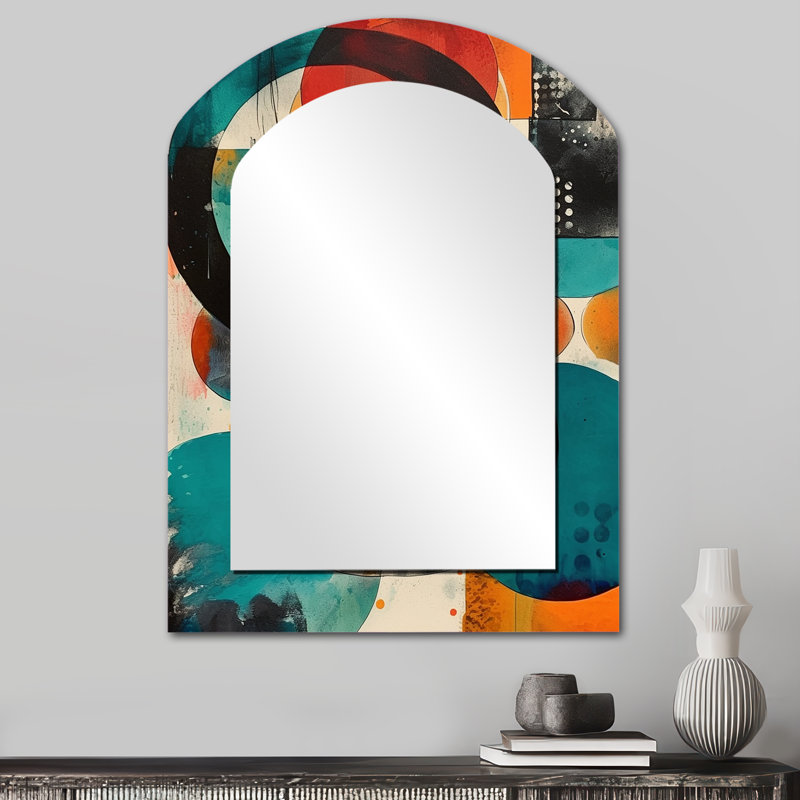 «Orange Abstracted Geometric Explorations II» - miroir unique géométrique arqué, grand miroir mural asymétrique orange, impression d'art en métal