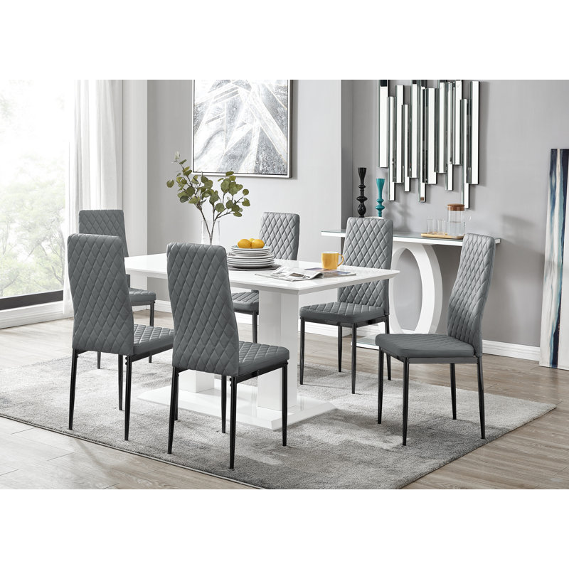 Edzard Double Pedestal High Gloss Dining Table Set with 6 Luxury Faux Leather Dining Chairs, Grey/Black