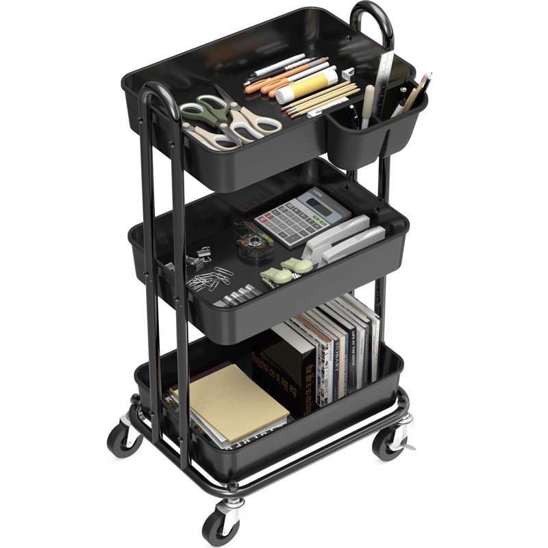 Black Metal 3-Tier Rolling Utility Storage Cart with Wheels