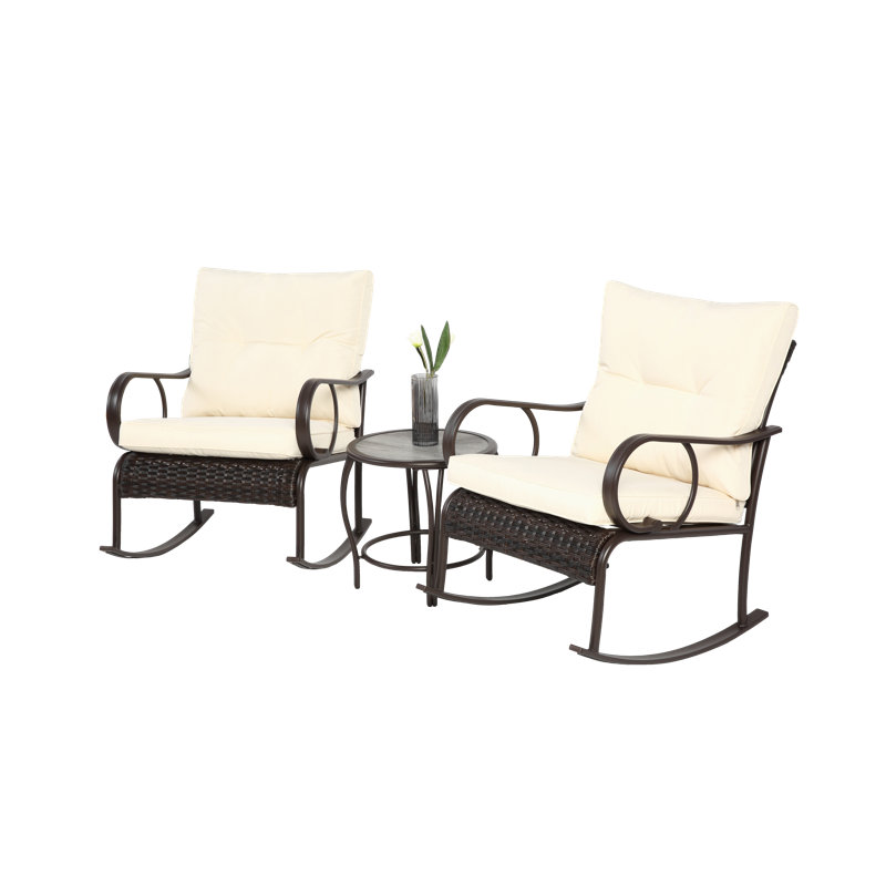 Ensemble berçant en rotin 3 pièces comprenant une table basse et 2 chaises berçantes, Blanc