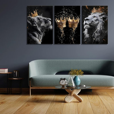 3 Pieces Framed Lion Canvas Wall Art Golden Crown With Lion Poster Print Modern Motivational Black And White Lion Pictures Wall Decor For Living Room Office Decoration